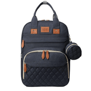 Dark Blue Lotus 3-in-1 Bassinet Diaper Bag backpack with orange leather accents, featuring quilted front pocket, dual carry handles, and small circular accessory pouch. Full canopy available