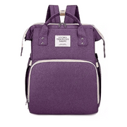 Purple Lotus 3-in-1 Bassinet Diaper Bag with   cream trim zippers, wide backpack straps, and multiple compartments for baby essentials. Partial canopy available