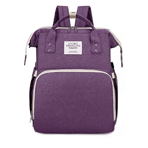 Purple Lotus 3-in-1 Bassinet Diaper Bag with   cream trim zippers, wide backpack straps, and multiple compartments for baby essentials. Partial canopy available