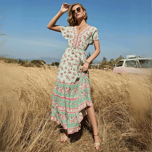 Birdie Summer Midi Dress from Shop the Kei - featuring a bohemian styled dress with flower print, v neck button closure, adjustable waist tie, soft natural textile and texture, and flounce hem. Pairs well with tan sandals and gold jewelry