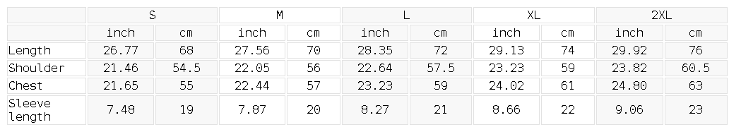 Measurement chart for clothing sizes in inches and centimeters