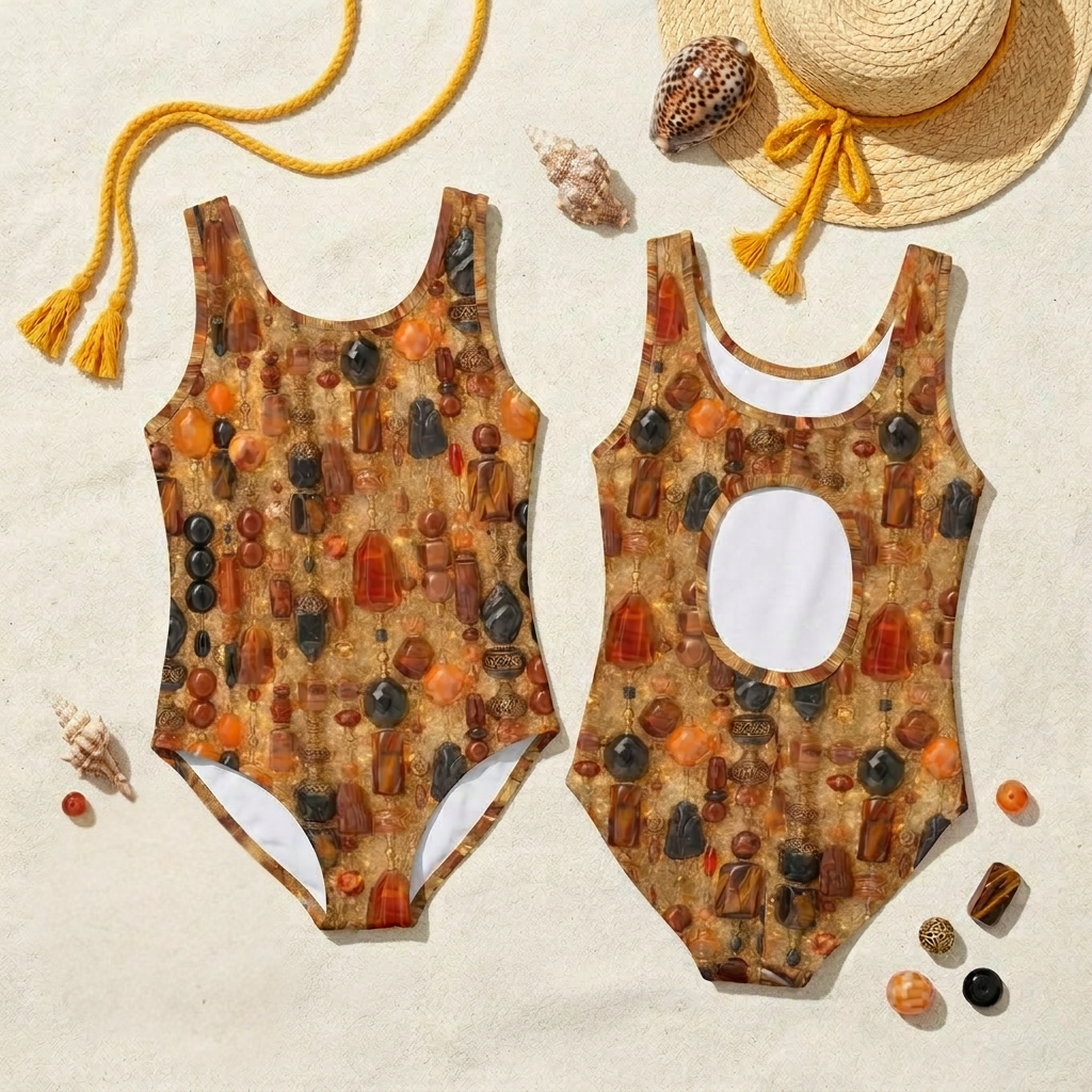 Solara One Piece for Mini kids swimsuit in Fire print, flat lay – Shop the Kei girls swimwear