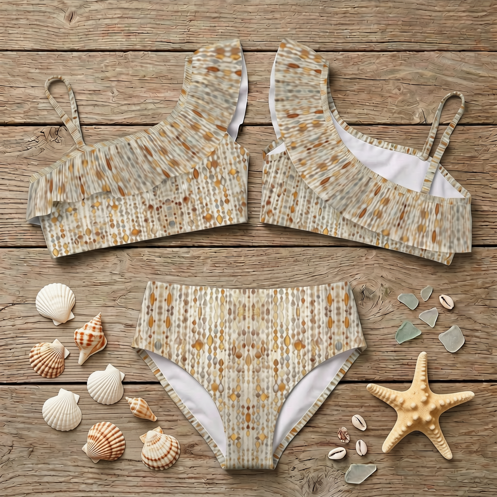 Solara Bikini Set for Mini kids swimwear in White Onyx print, flat lay – Shop the Kei girls swimwear