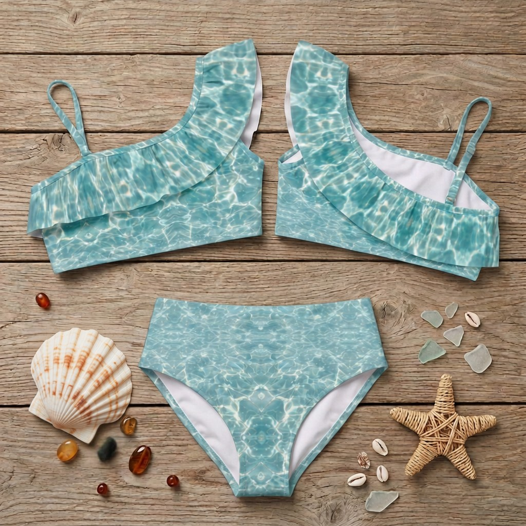 Solara Bikini Set for Mini kids swimwear in Cenote print, flat lay – Shop the Kei girls swimwear