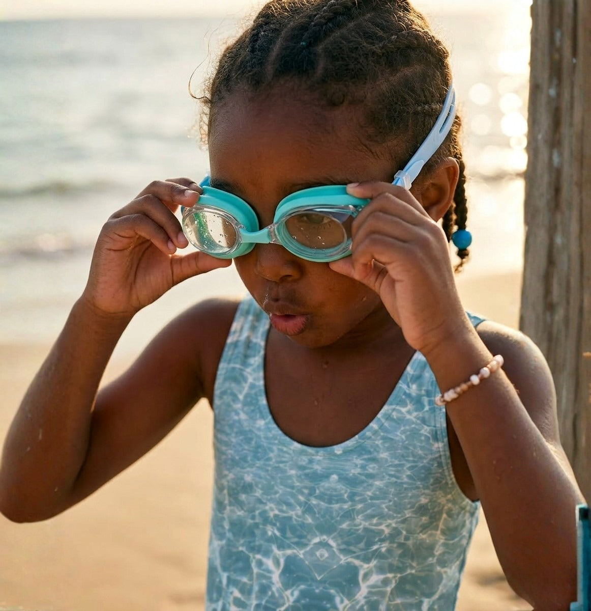 Girl wearing swim goggles in the Solara One Piece for Mini swimsuit in Cenote print – Shop the Kei kids swimwear