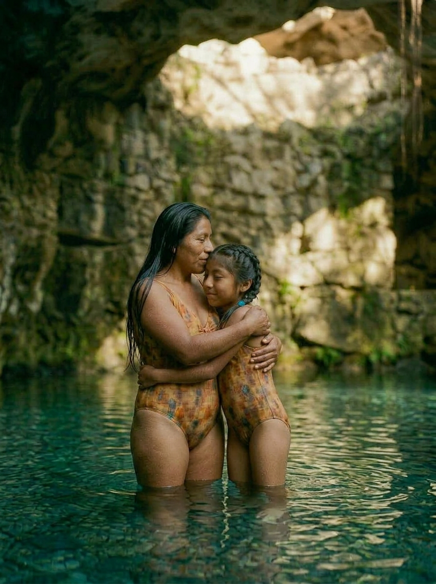 Mother and daughter embracing in matching Solara One Piece swimsuits in Fire print at a cenote – Shop the Kei family swimwear