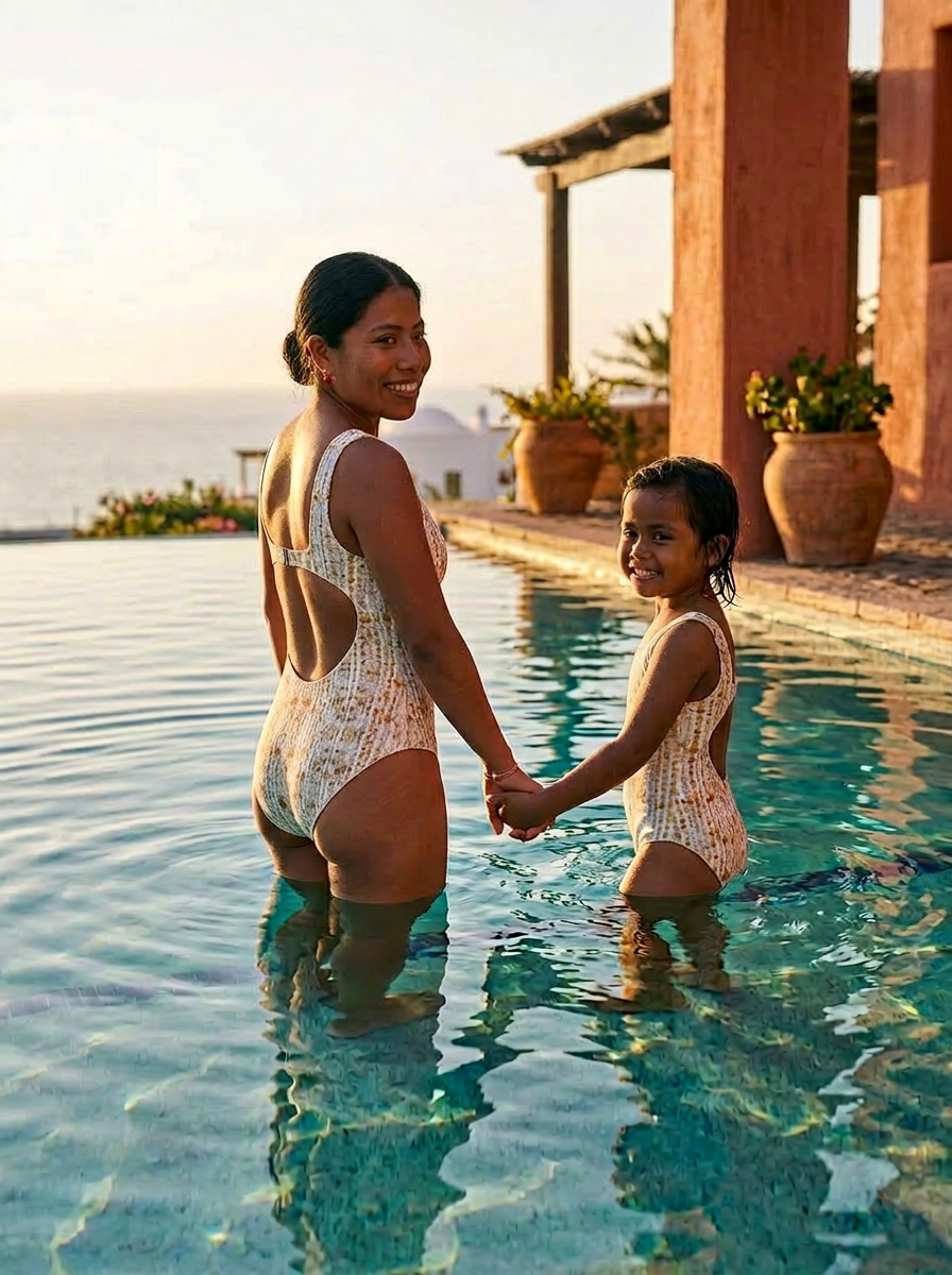 Daughter and mother swimming together in matching Solara White Onyx print swimsuits – Shop the Kei family swim collection