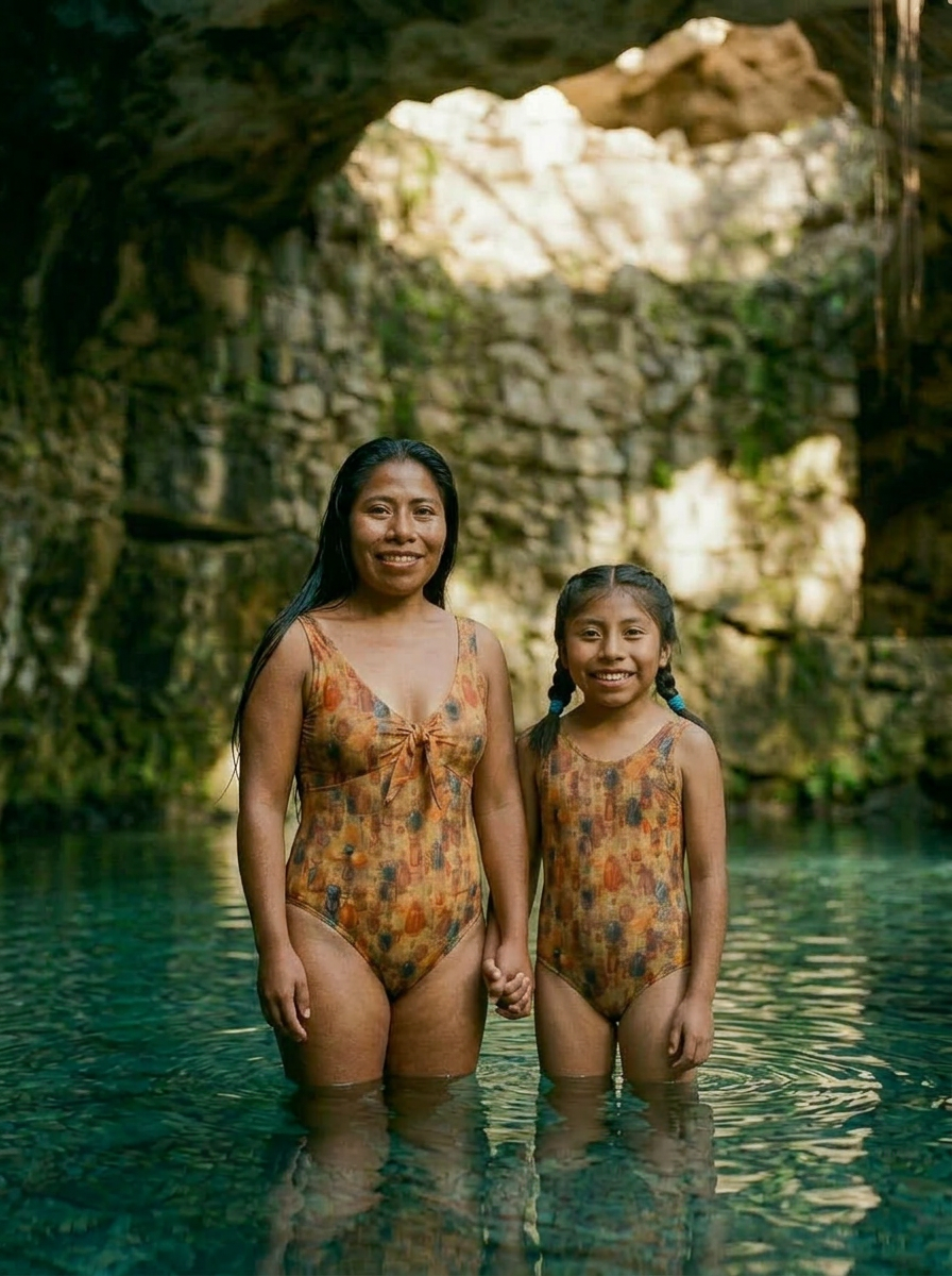 Mother and daughter smiling together in Solara One Piece swimsuits in Fire print – Shop the Kei family swimwear