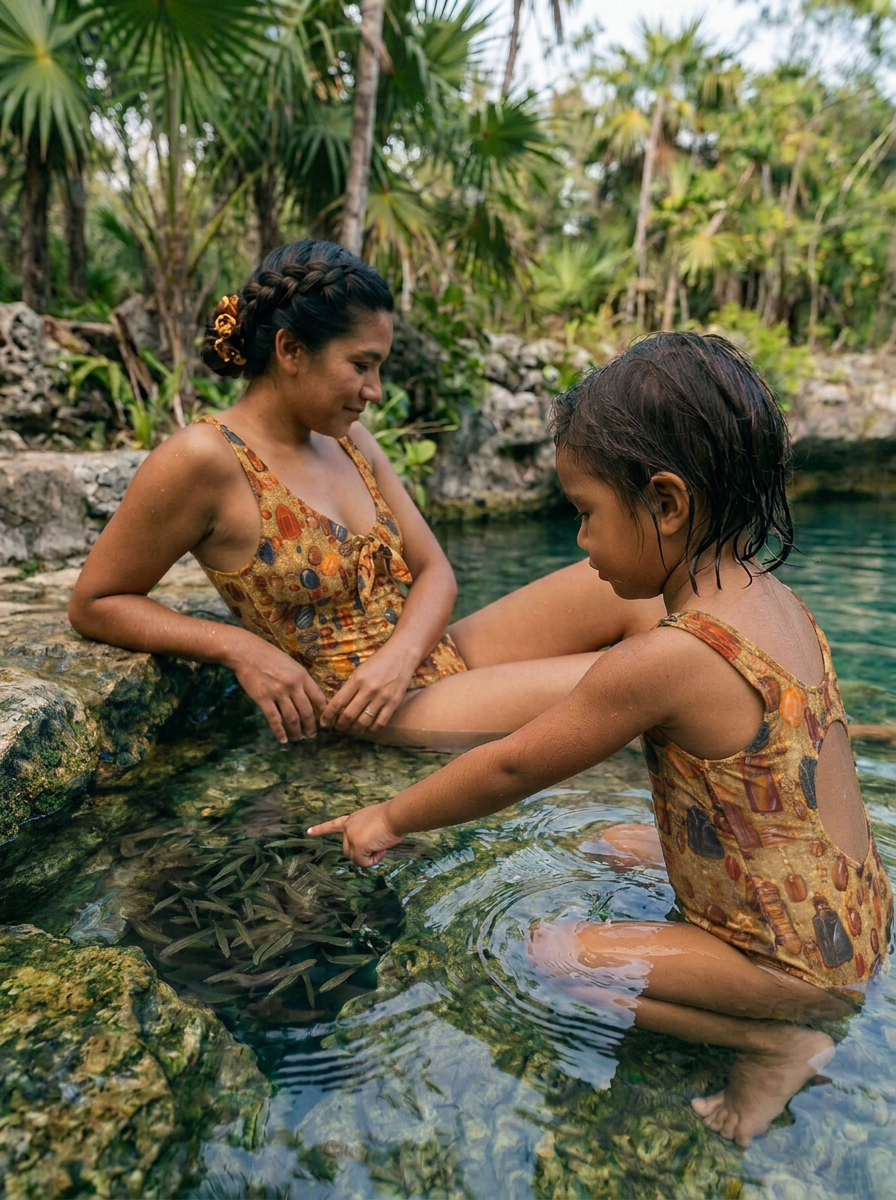 Girl wearing the Solara One Piece for Mini swimsuit in Fire print – Shop the Kei kids swimwear