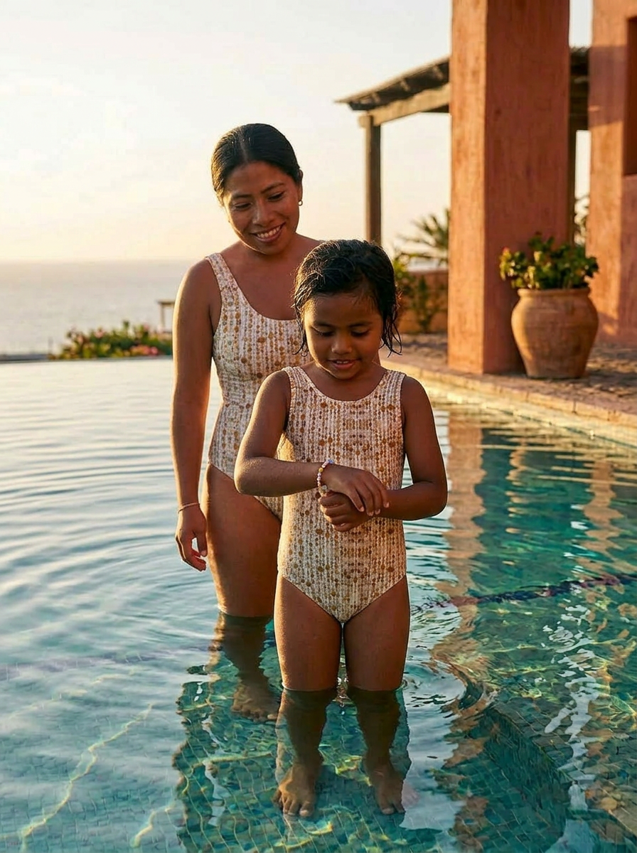 Girl in the Solara One Piece for Mini swimsuit in White Onyx print swimming with mom – Shop the Kei kids swimwear