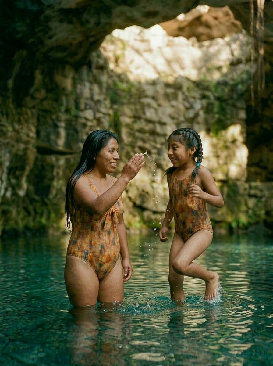 Mother and daughter splashing in matching Solara Fire print swimsuits at a cenote – Shop the Kei kids swim collection