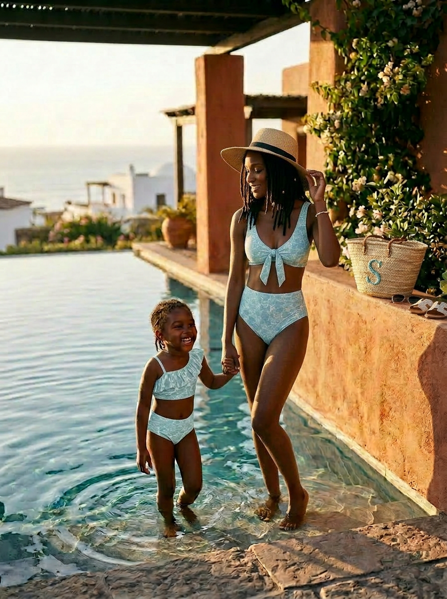Mother and daughter poolside in matching Solara Bikini Set swimwear in Cenote print – Shop the Kei family swim collection
