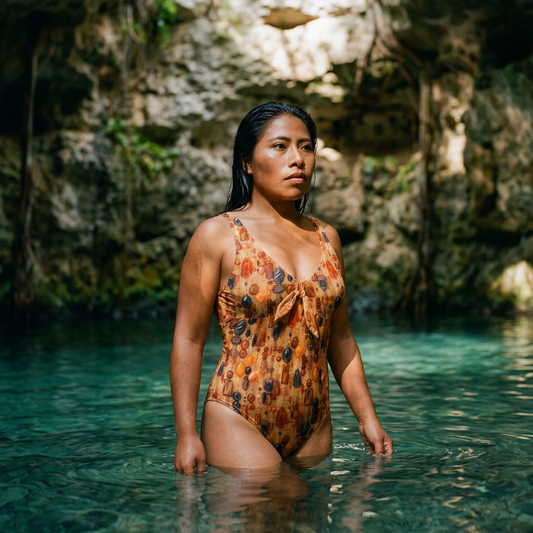 Woman wearing the Solara One Piece swimsuit in Fire print at a cenote – Shop the Kei vacation swimwear
