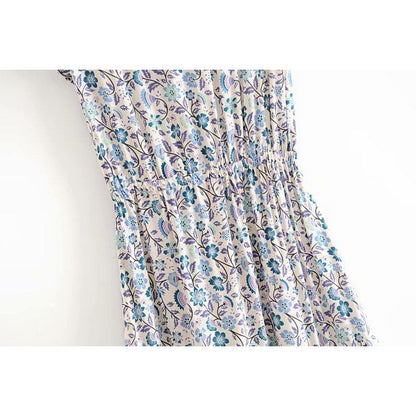 Nala Midi Dress from Shop The Kei - back view close up detail of gathered waistline and floral boho print textile